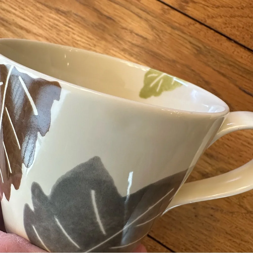 2 Crate & Barrel by Barbara Eigen Ivory Mugs With Painted Leaves 3” High